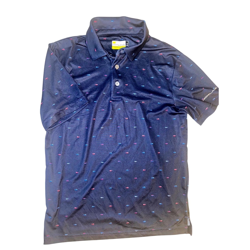 Nicklaus Boys Golf Polo Shirt Blue Fish Print Short Sleeve Kids Medium 10/12